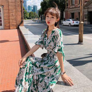 Floral Elbow-sleeve Maxi Chiffon Sun Dress