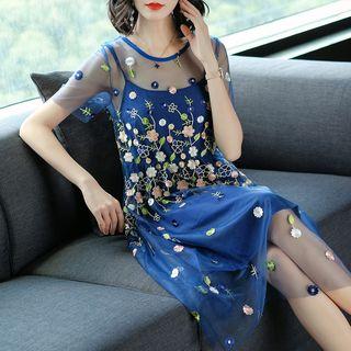 Set: Short-sleeve Embroidered A-line Mesh Dress + Slipdress