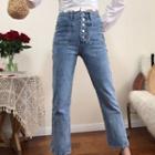 Plain Single-breasted High-waist Straight Cropped Jeans