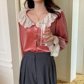 Bell-sleeve Collared Velvet Blouse Pink - One Size