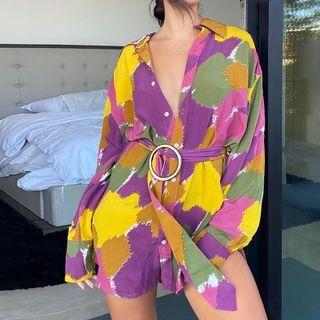 Long Sleeve Pattern Print Tie-waist Shirtdress