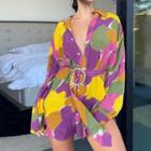 Long Sleeve Pattern Print Tie-waist Shirtdress