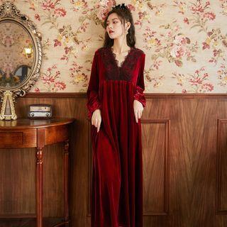 Long-sleeve V-neck Lace Trim Velvet Maxi A-line Sleep Dress
