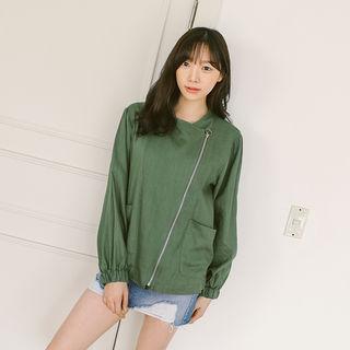 Diagonal-zip Linen Blend Blouson Jacket