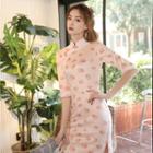 Elbow-sleeve Petal Print Qipao Dress