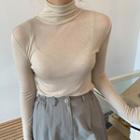 Long-sleeve Mock Neck Plain Top Off-white - One Size