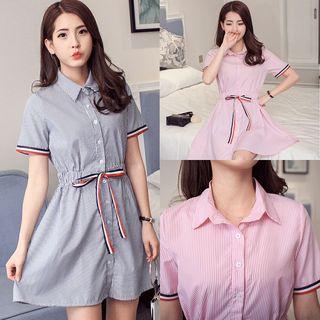 Short-sleeve Tie Waist Shirt Dress