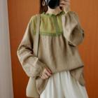 Long-sleeve Lace Trim Tunic Almond - One Size
