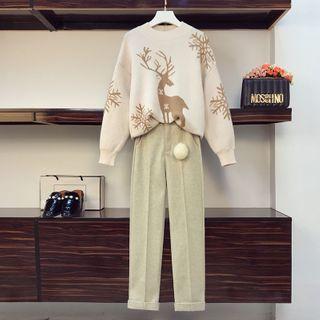 Deer Print Sweater / Cropped Straight-fit Pants / Set