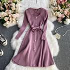Plain Tie-waist Knitted A-line Dress