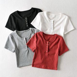 Short-sleeve Cropped Henley T-shirt