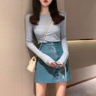 Long-sleeve Plain Knit Top / High-waist Faux Leather Skirt