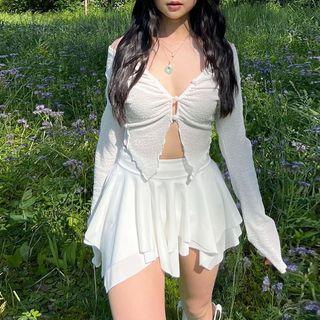 Long-sleeve Irregular Crop Top / Mini A-line Skirt