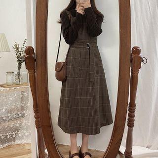 Plain Knit Top / Plaid Midi A-line Dress / Set