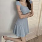 Cap-sleeve Mini A-line Knit Dress Blue - One Size