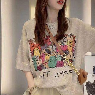 Elbow-sleeve Cartoon Print Knit Top