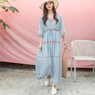 Flower-embroidered Linen Blend Maxi Dress
