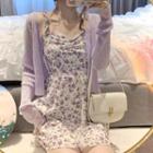 Sleeveless Sweetheart Neckline Floral Mini Chiffon Dress / Cropped Cardigan / Set