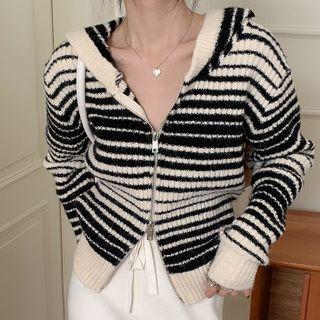 Striped Zip Knit Hooded Jacket Black & White - One Size