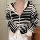 Striped Zip Knit Hooded Jacket Black & White - One Size
