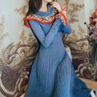 Long-sleeve Floral Ruffle Trim Knit Dress