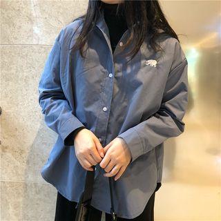 Long-sleeve Bear Embroidered Shirt Blue - One Size