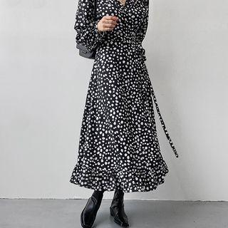 Frill-hem Dotted Maxi Wrap Dress