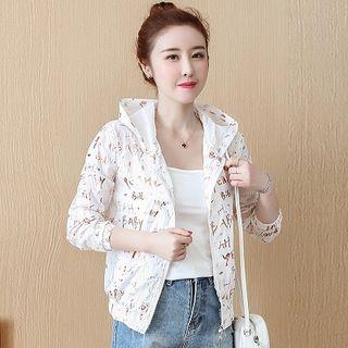 Letter 3/4-sleeve Hooded Zip Jacket