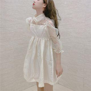 Elbow-sleeve Frill Trim Mesh Blouse / Spaghetti Strap A-line Dress