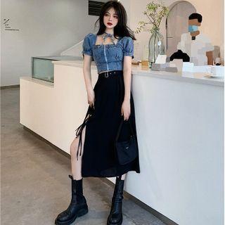 Square-neck Puff Sleeve Zip Up Denim Crop Top / High Waist Buckle Detail Split Maxi Skirt