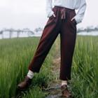 Drawstring Cropped Straight-cut Pants Wine Red - One Size
