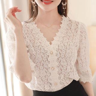 Faux-pearl Button Scallop-edge Lace Cardigan