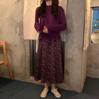 Plain Sweater / Flower Print Long-sleeve Midi A-line Dress