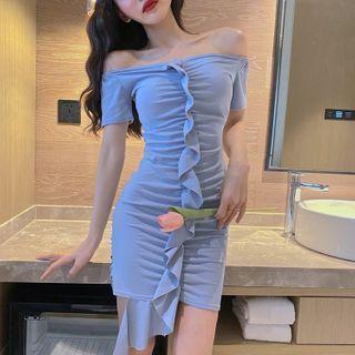 Off-shoulder Ruffle Trim Shirred Mini Bodycon Dress