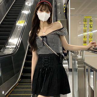 Off-shoulder Lace Trim Plaid Cropped Blouse / Lace-up Pleated Mini A-line Skirt