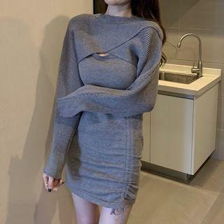 Set: Long-sleeve Knit Top + Spaghetti Strap Drawstring Mini Bodycon Dress