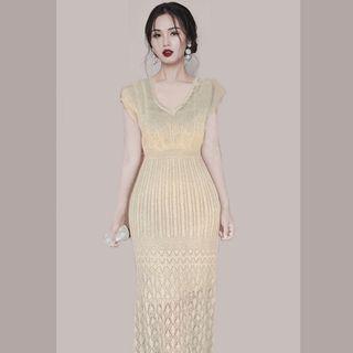 Cap-sleeve Midi Pointelle Knit Dress