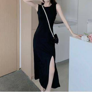 Cutout-back Slit Midi Bodycon Tank Dress Black - One Size