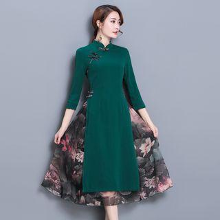 Mock Two-piece 3/4-sleeve Midi Qipao Dress