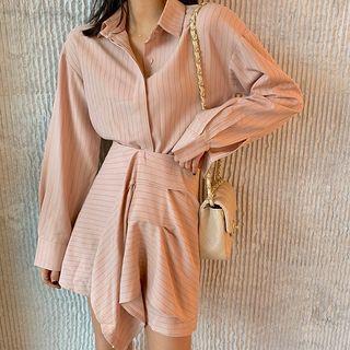 Striped Long-sleeve Slim-fit Shirt / Asymmetric Skirt