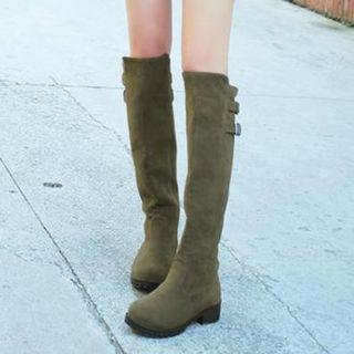 Faux Suede Double Buckles Riding Boots