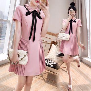 Short-sleeve Collared Tie-neck Pleated Mini A-line Dress