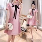 Short-sleeve Collared Tie-neck Pleated Mini A-line Dress
