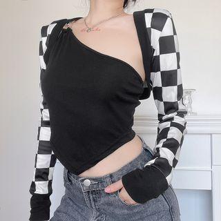Set: Checkered Open Front Cropped Jacket + Single-strap Asymmetrical Cropped Camisole Top