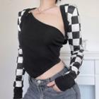 Set: Checkered Open Front Cropped Jacket + Single-strap Asymmetrical Cropped Camisole Top