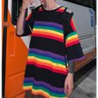 Rainbow Stripe Elbow-sleeve T-shirt
