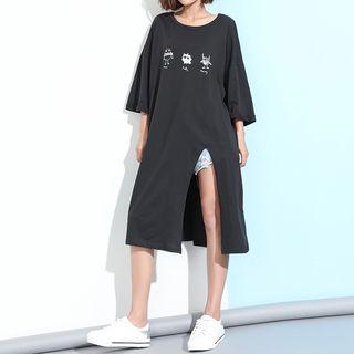 Print 3/4-sleeve Slit T-shirt Dress