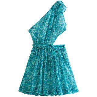 Sleeveless One-shoulder Floral Cutout Mini A-line Dress