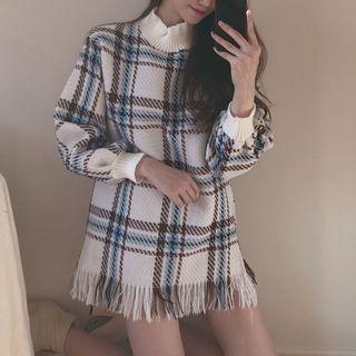 Plaid Fringed Long Pullover