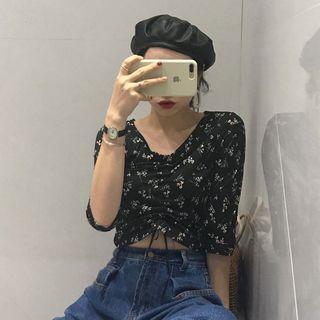 Flower Print Drawstring Elbow-sleeve T-shirt